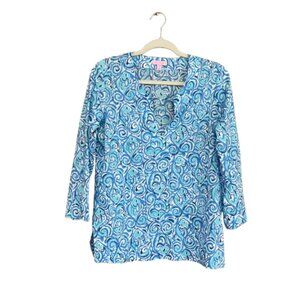 Lilly Pulitzer Amelia Island Blue White Chasing Tail Fish Small Tunic Blouse EUC